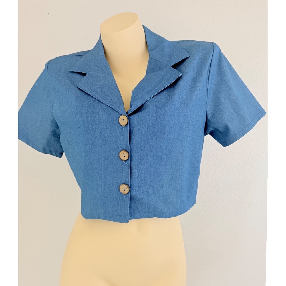 Coastal Cowgirl One By One Blue Denim Cotton Crop Top Short Sleeve Button Up L